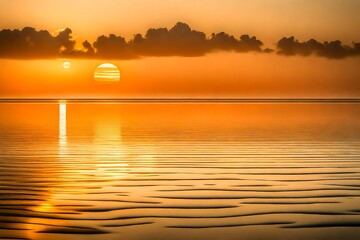 A calm, gradient seascape with shades of gold and orange reflected in the water at sunrise.
