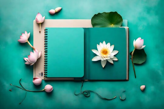 A top view of a lotus flower paired with a notebook mockup on a tranquil teal background, symbolizing purity of heart and enlightenment.