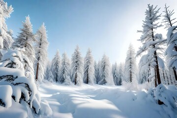 A snowy pine forest during winter, with snow-covered branches and a pristine white landscape, evoking a sense of calm and tranquility.
