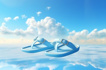 Flip flop flying on cloud sky traveling concept background 3d rendering - obrazy, fototapety, plakaty