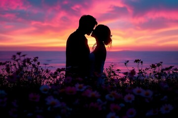 Romantic silhouette of a couple embracing and kissing against a vibrant, colorful sunset backdrop, evoking love, passion, and togetherness - obrazy, fototapety, plakaty