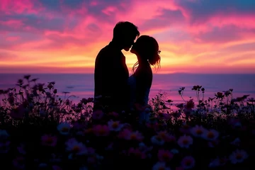 Fotobehang Romantic silhouette of a couple embracing and kissing against a vibrant, colorful sunset backdrop, evoking love, passion, and togetherness © Kane