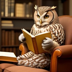 The owl is reading a book and sitting in the armchair. Anthropomorphic animals. Generative AI.