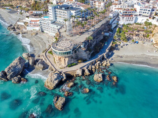 Spectacular aerial view of Balcon de Europa in Nerja, Costa del Sol, Spain