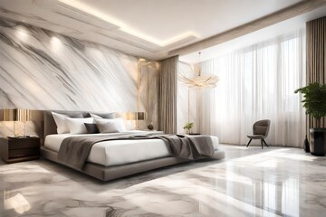 A spacious bedroom with walls adorned in smooth marble background patterns, creating a calming atmosphere for relaxation.