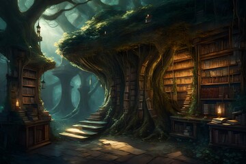 An ancient library hidden within a dense enchanted forest, with towering tree trunks forming the walls, and magical books levitating in mid-air, emitting a soft glow that illuminates the surroundings.