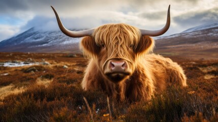 A beautiful highland cow with big horns looks at the camera against the background of a beautiful landscape, high mountains with clouds.