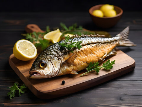 grilled fish with lemon and vegetables ,fresh fish on a plate , fish on a plate