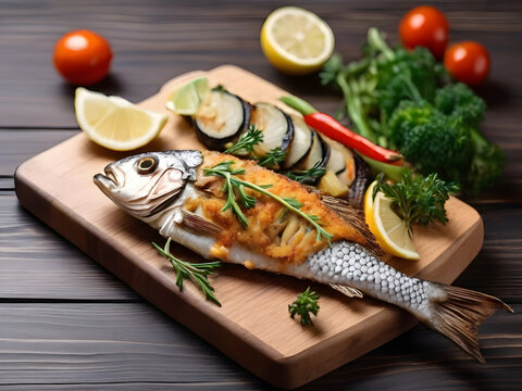 salmon with lemon and herbs , fresh fish on a plate , fish on a plate