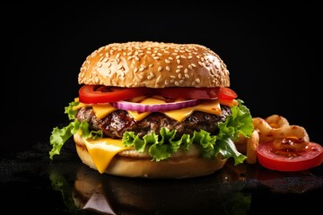 Cheese burger with grilled meat, cheese, tomato, salad and onion rings, on black background with empty copy space Generative AI