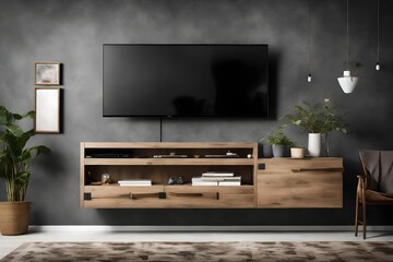 A floating TV stand with a large flat-screen TV mounted on a gray feature wall.