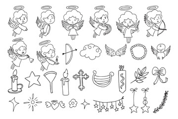 set of hand drawn adorable cute angel isolated on white background