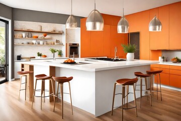 A kitchen island with barstools in front of a vibrant orange accent wall.