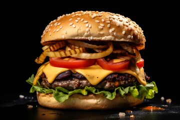 Cheese burger with grilled meat, cheese, tomato, salad and onion rings, on black background with empty copy space Generative AI