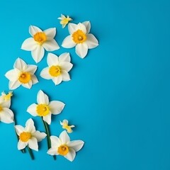 Frame of narcissus or daffodil flowers on blue background top view flat lay.