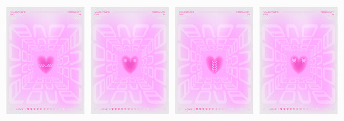 Modern y2k design Valentine's Day poster, banner, background set. Trendy aesthetic minimalist vector illustrations with aura hearts, abstract shapes, gradient and typography.	