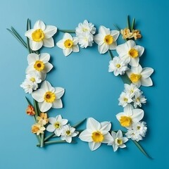Frame of narcissus or daffodil flowers on blue background top view flat lay.