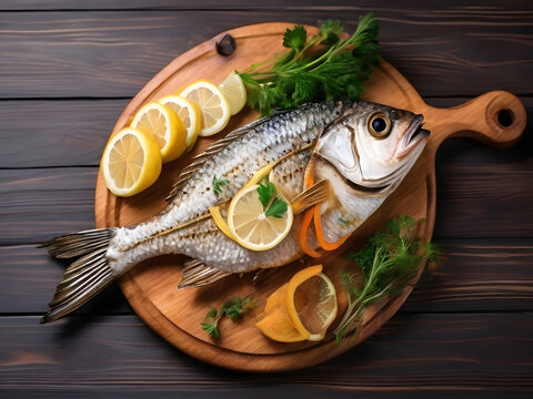 fresh fish with lemon and herbs, fresh fish on a plate , fish on a plate