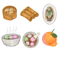 Illustration of chinese new year food, dumplings, springroll, steamed fish, sweet rice balls, tangerines