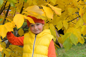 five-year-old girl next to an autumn yellow tree.