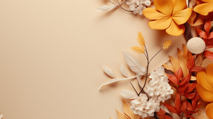 Elegant paper craft flowers in autumn colors arranged on a beige background, perfect for seasonal design themes.