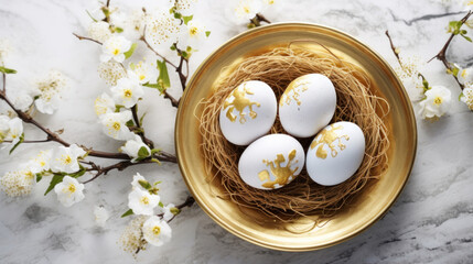 Fototapeta na wymiar Decorated Easter eggs with delicate gold paint details nestled in a golden nest, accompanied by spring cherry blossoms on a marble surface.