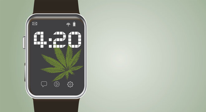 Marijuana leaf, medical cannabis on a wrist electronic clock showing the time of 4 hours 20 minutes. Cannabis online. Classic background. Copy space