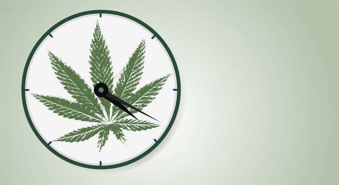 Marijuana leaf, medical cannabis on a classic watch dial with hands showing the time of 4 hours 20 minutes. Cannabis Online. Copy space,