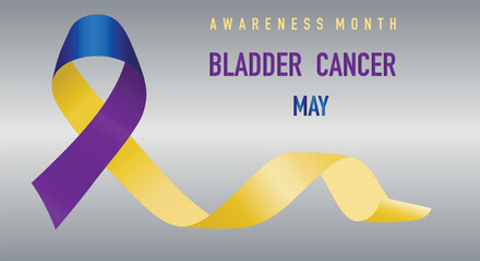 Bladder Cancer Awareness Month is celebrated each year in May. Blue and yellow ribbon on a gradient gray background. Poster
