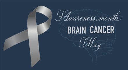 Brain Cancer Awareness. Hope concept. Celebrated in May. Realistic gray ribbon on a dark blue background. Poster