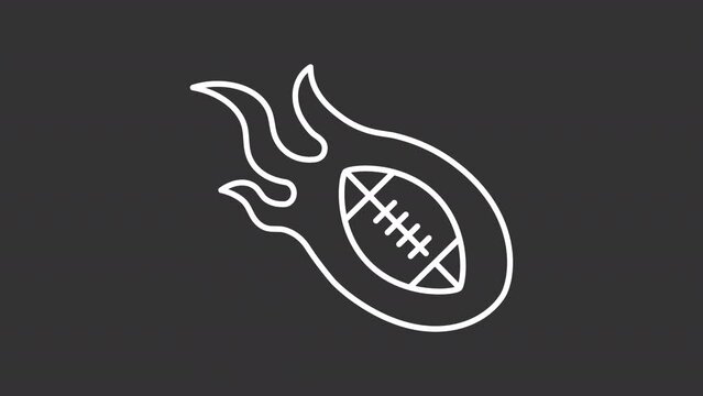 Animated pigskin white icon. American football ball on fire line animation. Sport game equipment. Gridiron. Black illustration on white background. HD video with alpha channel. Motion graphic