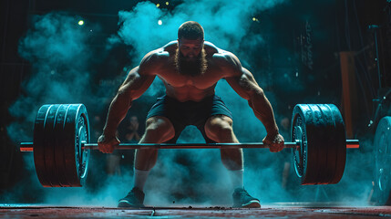 Dynamic stance, a male weightlifter, lifting heavy barbell, muscles flexed, chalk dust in the air