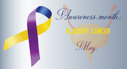 Bladder Cancer Awareness Month is celebrated each year in May. Blue and yellow ribbon and bladder icon on gradient blue background. Poster