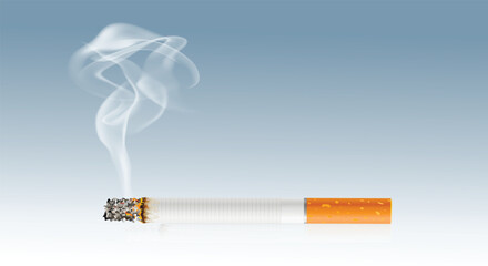 A smoking white cigarette with a yellow filter on a gray gradient background. Copy space.