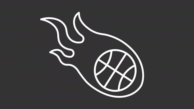 Animated dribble white icon. Flying ball animation. Basketball game. Ball in flame. Passionate and dynamic game. Black illustration on white background. HD video with alpha channel. Motion graphic