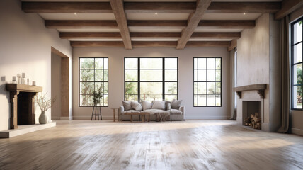 Elegant and spacious open concept interior rooms new construction with concrete floors designer decor wood beams on ceiling classic style