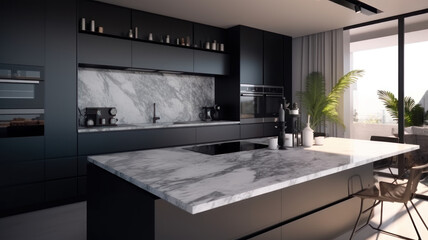 Front view of a modern designer kitchen with smooth handleless cabinets with black edges, black glass appliances, a marble island and marble countertops
