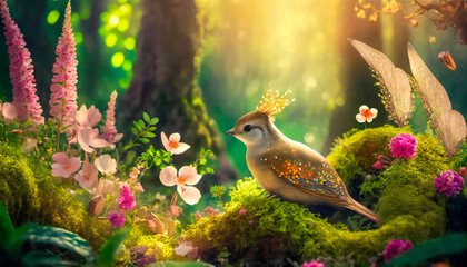 Mystical woodland scene with vibrant flora and magical creatures - obrazy, fototapety, plakaty