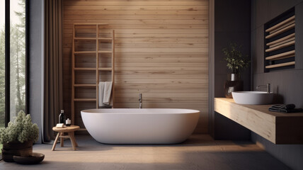 Fototapeta na wymiar Modern bathroom interior with wooden decor in eco style