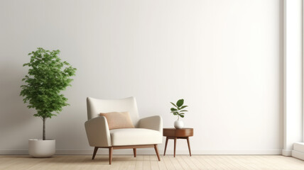 Modern minimalist interior with an armchair on empty white color wall background
