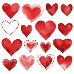 Collection of hand-drawn painted red hearts clipart on white background Generative AI