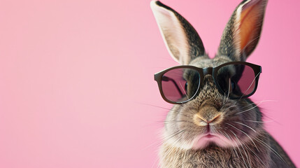 Happy easter, Cool bunny with sunglasses on single color background, with empty copy space