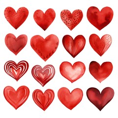 Collection of hand-drawn painted red hearts clipart on white background Generative AI