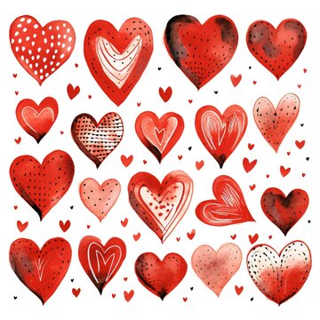 Collection of hand-drawn painted red hearts clipart on white background Generative AI