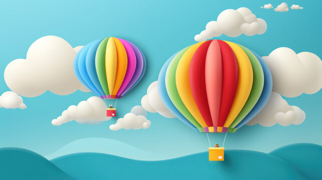 hot air balloon, cloud and rainbow  blue sky background