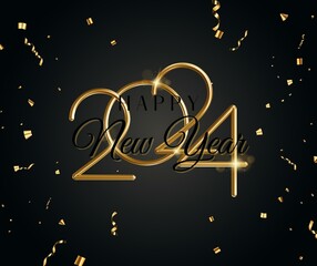 2024 New Year number. Golden digits and confetti over blue background. 
