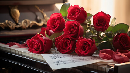 piano sheet music and rose, in the style of magenta and crimson, love and romance