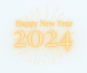 2024 New Year number. Golden digits and confetti over blue background. 