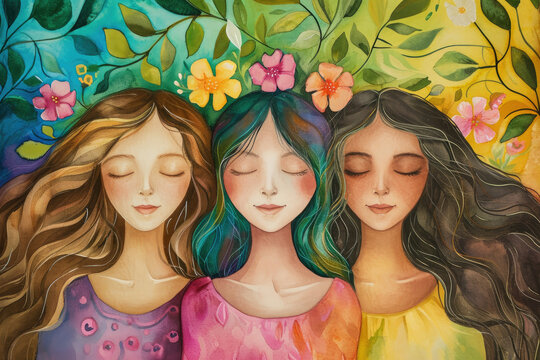 happy international woman's day card with girls and flowers, water color painting