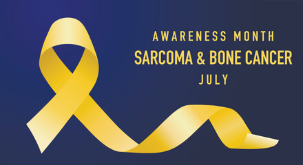 Sarcoma Bone Cancer Awareness Month banner concept is celebrated every July. Yellow ribbon on a blue background.